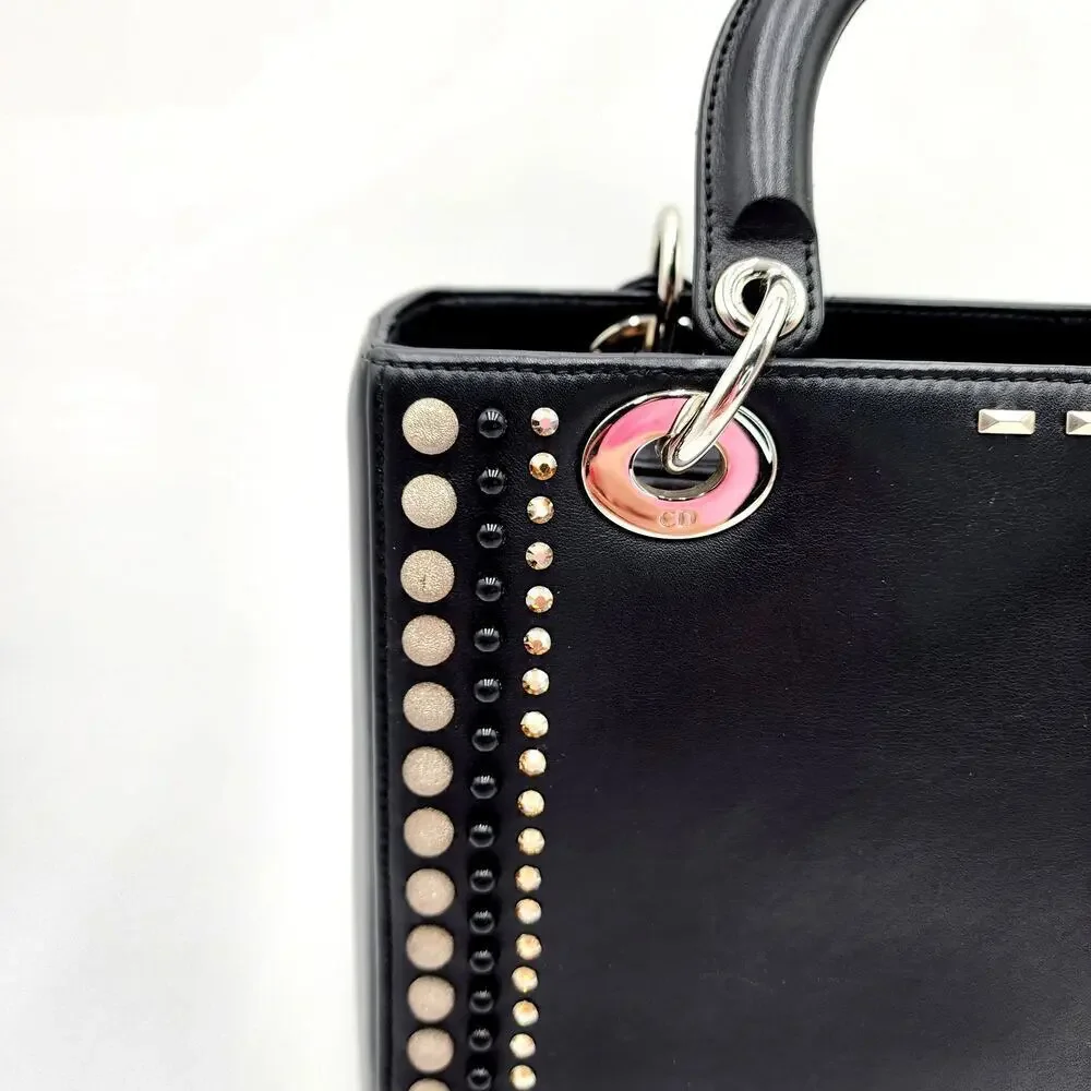 CHRISTIAN DIOR Black Leather Studs Embellished Medium Lady Dior Tote RARE - Picture 4 of 17